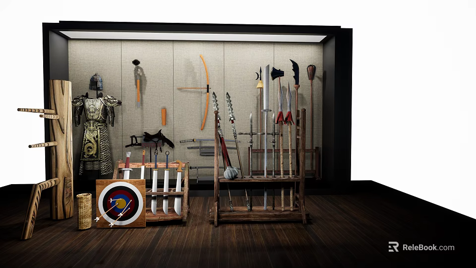 Ancient Weapons Exhibition With Bows Arrows Spears Swords Arranged On Wooden Racks And Medieval Armor 3d model 