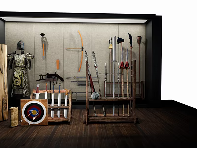 Ancient Weapons Exhibition With Bows Arrows Spears Swords Arranged On Wooden Racks And Medieval Armor 3d model
