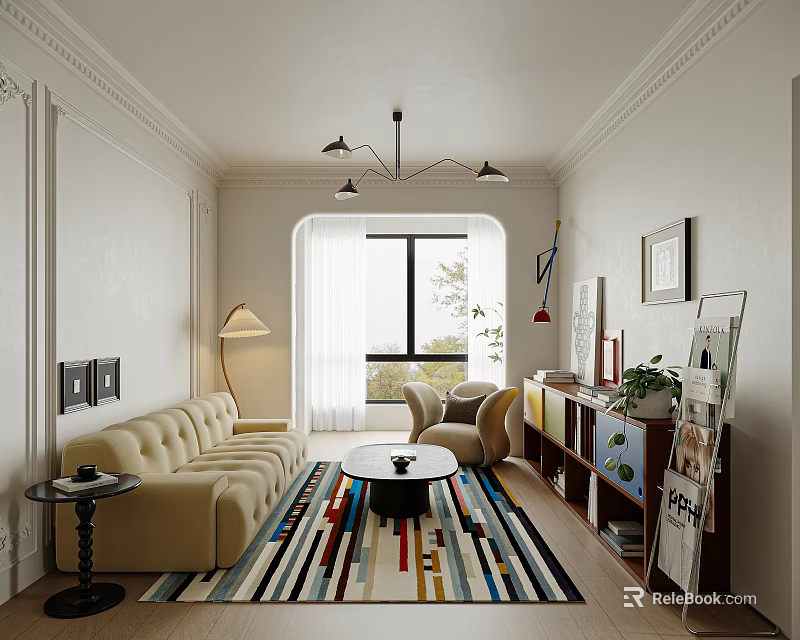 Modern Living Room Design With Beige Sofa Accent Chair Colorful Striped Rug And Floor-To-Ceiling Windows 3d model 