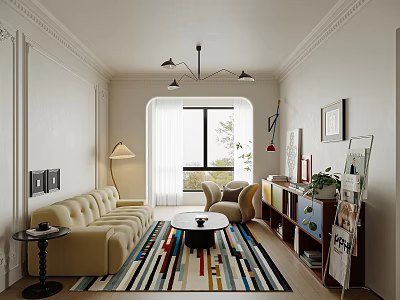 Modern Living Room Design With Beige Sofa Accent Chair Colorful Striped Rug And Floor-To-Ceiling Windows 3d model