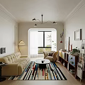 Modern Living Room Design With Beige Sofa Accent Chair Colorful Striped Rug And Floor-To-Ceiling Windows