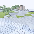 Modern Outdoor Stairs With Green Lawn Symmetric Trees And Paved Plaza