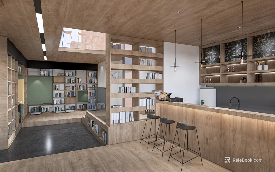 Book Art Interior Design With Wooden Shelves And Bar Area 3d model 