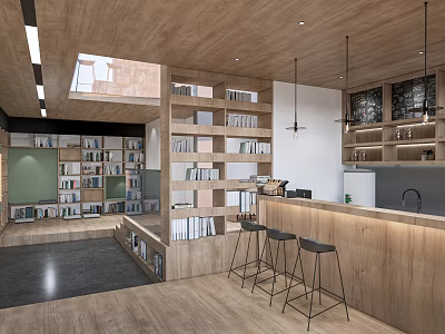 Book Art Interior Design With Wooden Shelves And Bar Area 3d model