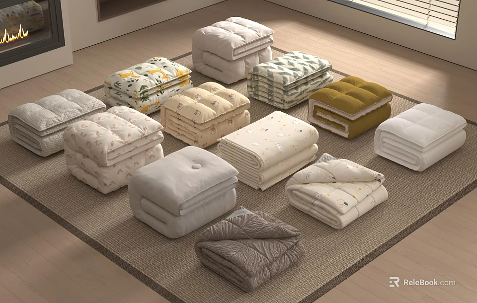 Cozy Bedding Collection With Various Colors And Floral Striped Patterns Neatly Folded On Rug 3d model 