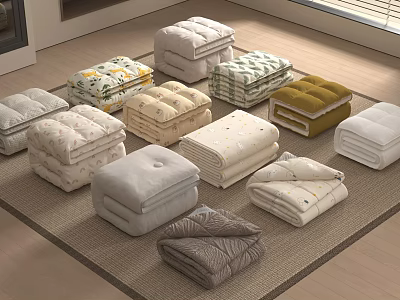 Cozy Bedding Collection With Various Colors And Floral Striped Patterns Neatly Folded On Rug 3d model