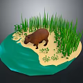 Small Island Scene With Capybara Tall Grass Blue Water And Sandy Ground
