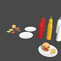 Hamburger With Patty Vegetables And Colorful Sauce Bottles On White Plates