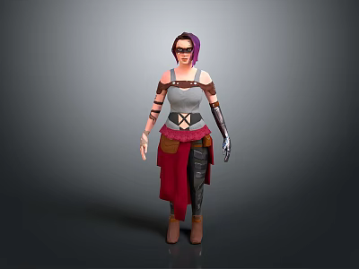 3D Female Character With Purple Hair White Sleeveless Top And Red Skirt 3d model