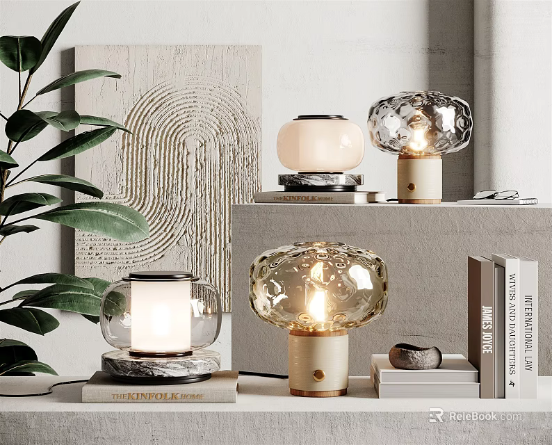 Modern Decorative Ornament Set With Glass Lamps Wooden Bases Green Plants And Wall Art 3d model 