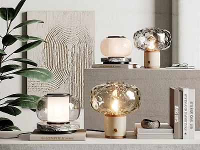Modern Decorative Ornament Set With Glass Lamps Wooden Bases Green Plants And Wall Art 3d model