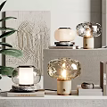 Modern Decorative Ornament Set With Glass Lamps Wooden Bases Green Plants And Wall Art