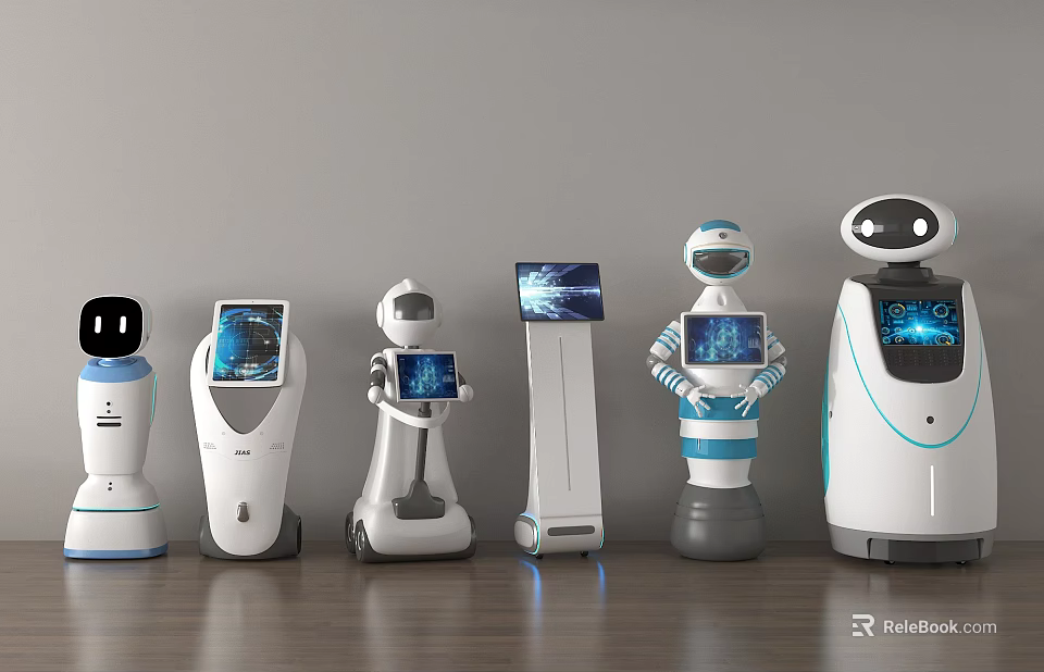 Smart Robots With Various Designs And Digital Screens On Wooden Floor Against Gray Wall 3d model 