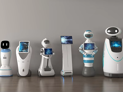 Smart Robots With Various Designs And Digital Screens On Wooden Floor Against Gray Wall 3d model
