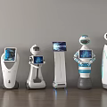 Smart Robots With Various Designs And Digital Screens On Wooden Floor Against Gray Wall