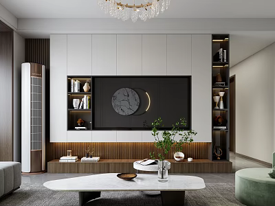 Elegant Modern Living Dining Room Interior With TV Wall Bookshelves Chandelier And Green Plant 3d model