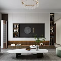Elegant Modern Living Dining Room Interior With TV Wall Bookshelves Chandelier And Green Plant