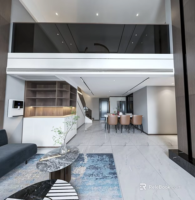 Modern Open Concept Living Dining Room With Sofa Dining Table Wooden Cabinets And Decorative Plants 3d model 