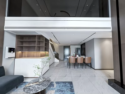 Modern Open Concept Living Dining Room With Sofa Dining Table Wooden Cabinets And Decorative Plants 3d model