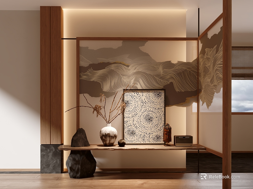 Modern Chinese Console Table With Wooden Frame Mountain Pattern Wall Decorative Vase And Stone Ornaments 3d model 