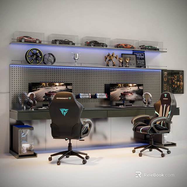 Gaming Computer Setup With Dual Monitors Racing Wheels And Ergonomic Chairs 3d model