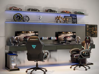 Gaming Computer Setup With Dual Monitors Racing Wheels And Ergonomic Chairs 3d model
