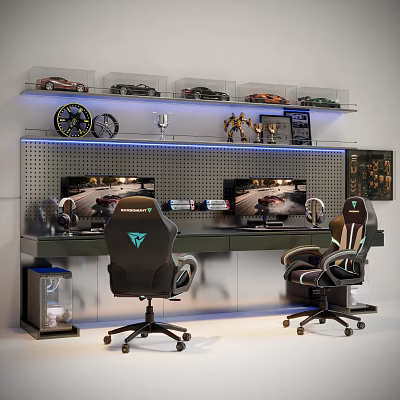 Gaming Computer Setup With Dual Monitors Racing Wheels And Ergonomic Chairs 3d model
