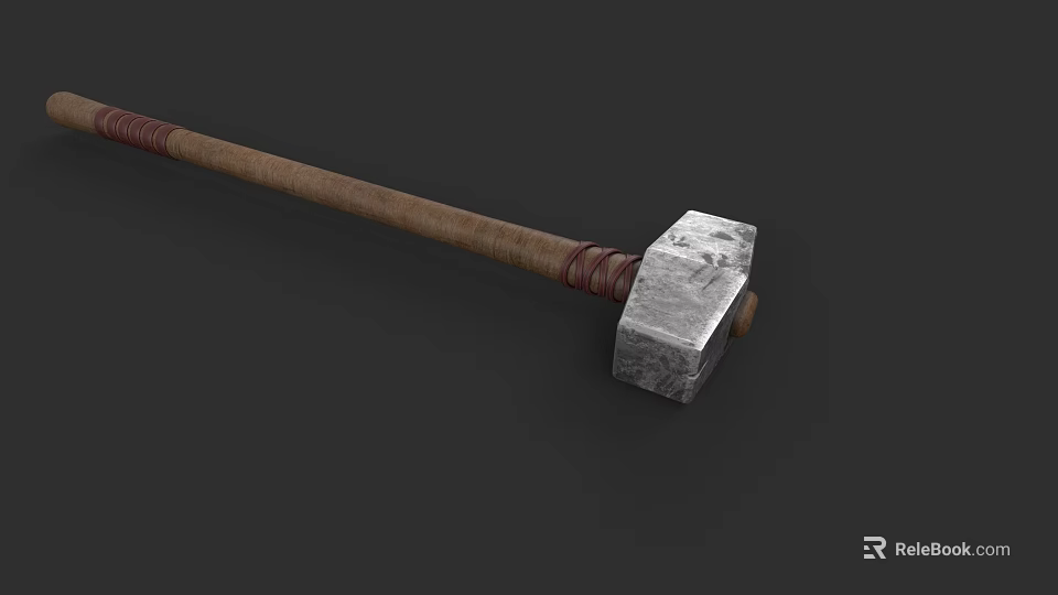 Medieval War Hammer With Wooden Handle And Metal Head Red Accents 3d model 