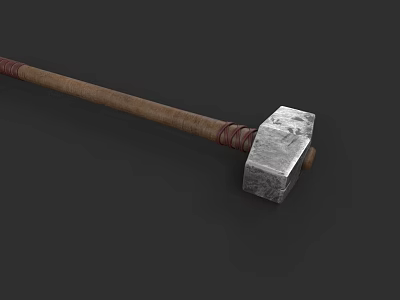 Medieval War Hammer With Wooden Handle And Metal Head Red Accents 3d model