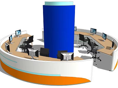 Curved Modern Reception Desk Featuring Blue Cylinder White Orange Countertop Computer Monitors And Black Chairs 3d model