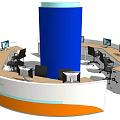 Curved Modern Reception Desk Featuring Blue Cylinder White Orange Countertop Computer Monitors And Black Chairs