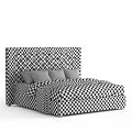 Modern Gray Tufted Headboard Double Bed With Decorative Pillows And Striped Blanket