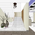 Modern Store Front Desk with Unique Ceiling Structure and Marble Floor Decorative Plants 3d model