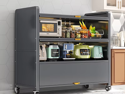 Gray Multi Tier Kitchen Storage Rack With Microwave Coffee Maker Jars Fruits Vegetables And Wheels 3d model