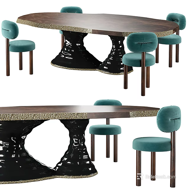 Elegant Dining Table Set With Teal Upholstered Chairs And Black Sculpted Base 3d model 