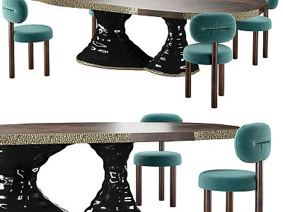 Elegant Dining Table Set With Teal Upholstered Chairs And Black Sculpted Base 3d model