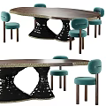 Elegant Dining Table Set With Teal Upholstered Chairs And Black Sculpted Base 3d model