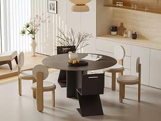 Dining Room Log Style Dining Table and Chair Leisure Chair Sideboard Round Table Green Plant Hanging Painting 3d model