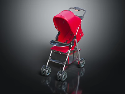 Red Baby Stroller With Canopy And Four Wheels On Smooth Black Surface 3d model