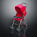 Red Baby Stroller With Canopy And Four Wheels On Smooth Black Surface 3d model