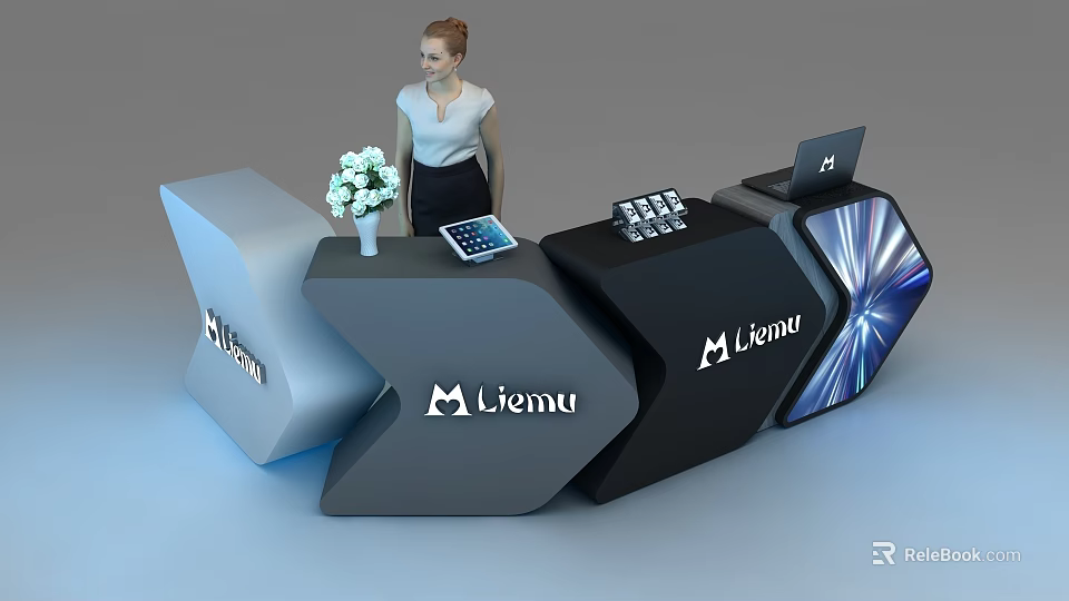 Modern Office Reception Desk with Liemu Logo Black Gray Design Tablet and White Flower Arrangement 3d model 