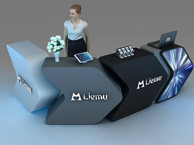 Modern Office Reception Desk with Liemu Logo Black Gray Design Tablet and White Flower Arrangement 3d model