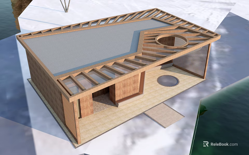 Modern Wooden Building Design With Unique Roof Circular Opening And Open Terrace In Snowy Surroundings 3d model 