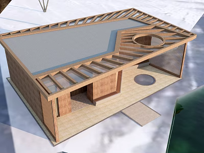 Modern Wooden Building Design With Unique Roof Circular Opening And Open Terrace In Snowy Surroundings 3d model