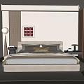 Modern Bedroom Interior Featuring King Size Bed Decorative Pillows Nightstand Floor Lamp And Abstract Artwork