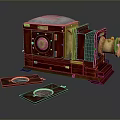 Vintage Red Retro Computer With Golden Parts And Classic Cards Design
