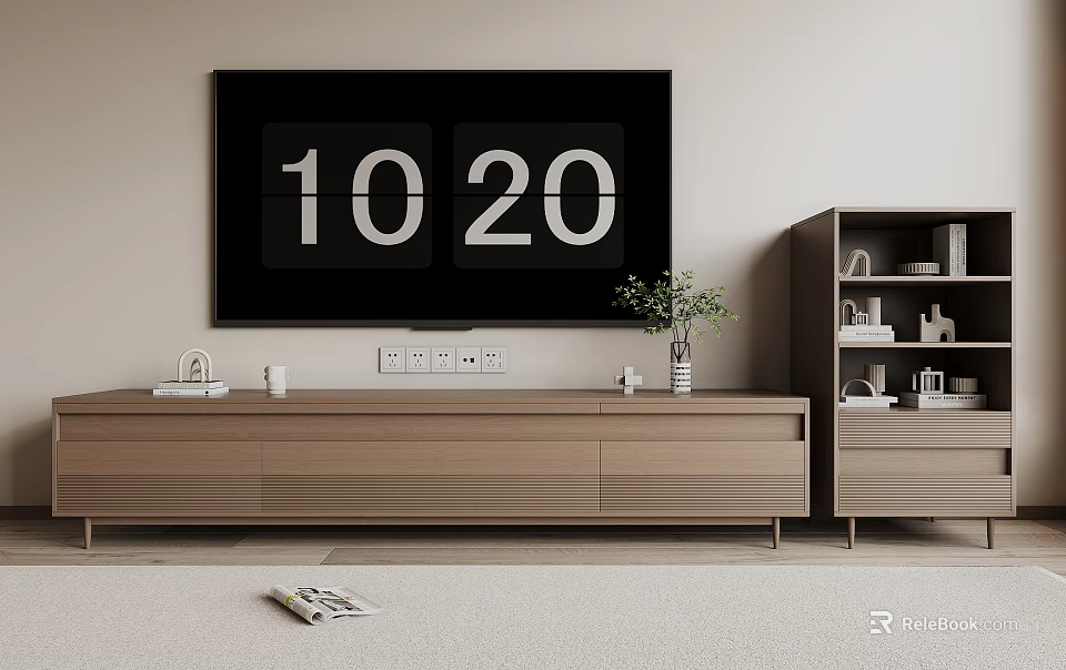 Modern Wooden TV Stand With Large Screen TV Storage Cabinet And Green Plant Decor 3d model 