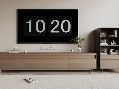 Modern Wooden TV Stand With Large Screen TV Storage Cabinet And Green Plant Decor 3d model