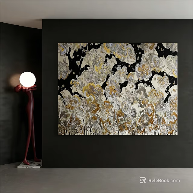 Abstract Painting with Black White Gold Gray Colors on Dark Wall and Red Floor Lamp 3d model 