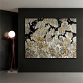 Abstract Painting with Black White Gold Gray Colors on Dark Wall and Red Floor Lamp